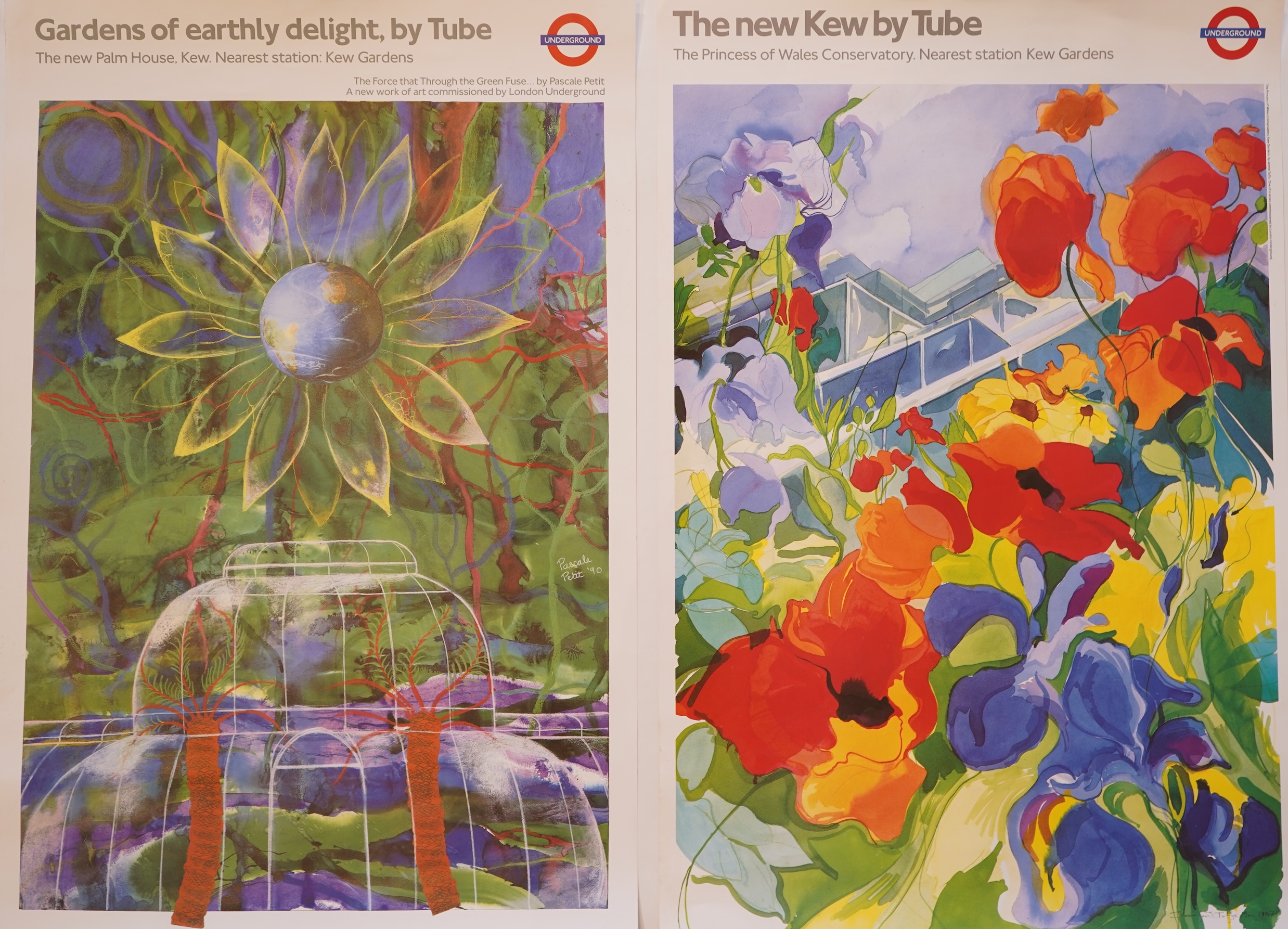 Two 1990s London Underground advertising posters promoting Kew Gardens, from the art on the underground series featuring commissioned paintings by Jennie Tuffs and Pascale Petit; ‘Gardens of earthly delight, by Tube’ and